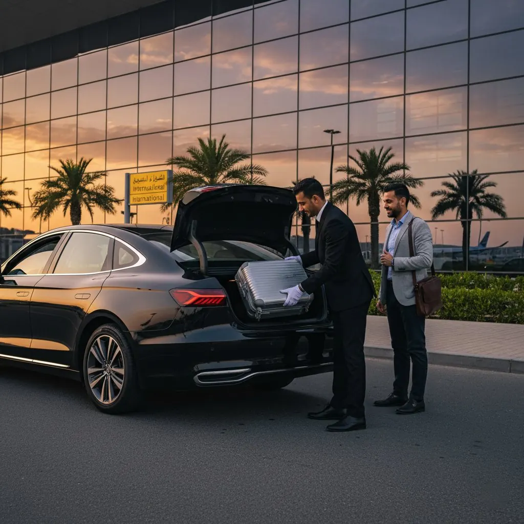 Chauffeur loading luggage into a sedan at Dubai airport