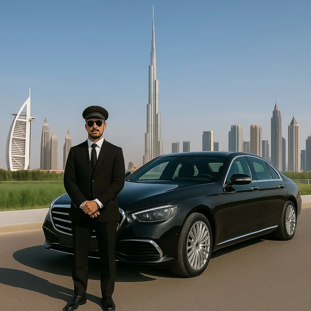 Chauffeur beside a Mercedes with Burj Al Arab behind