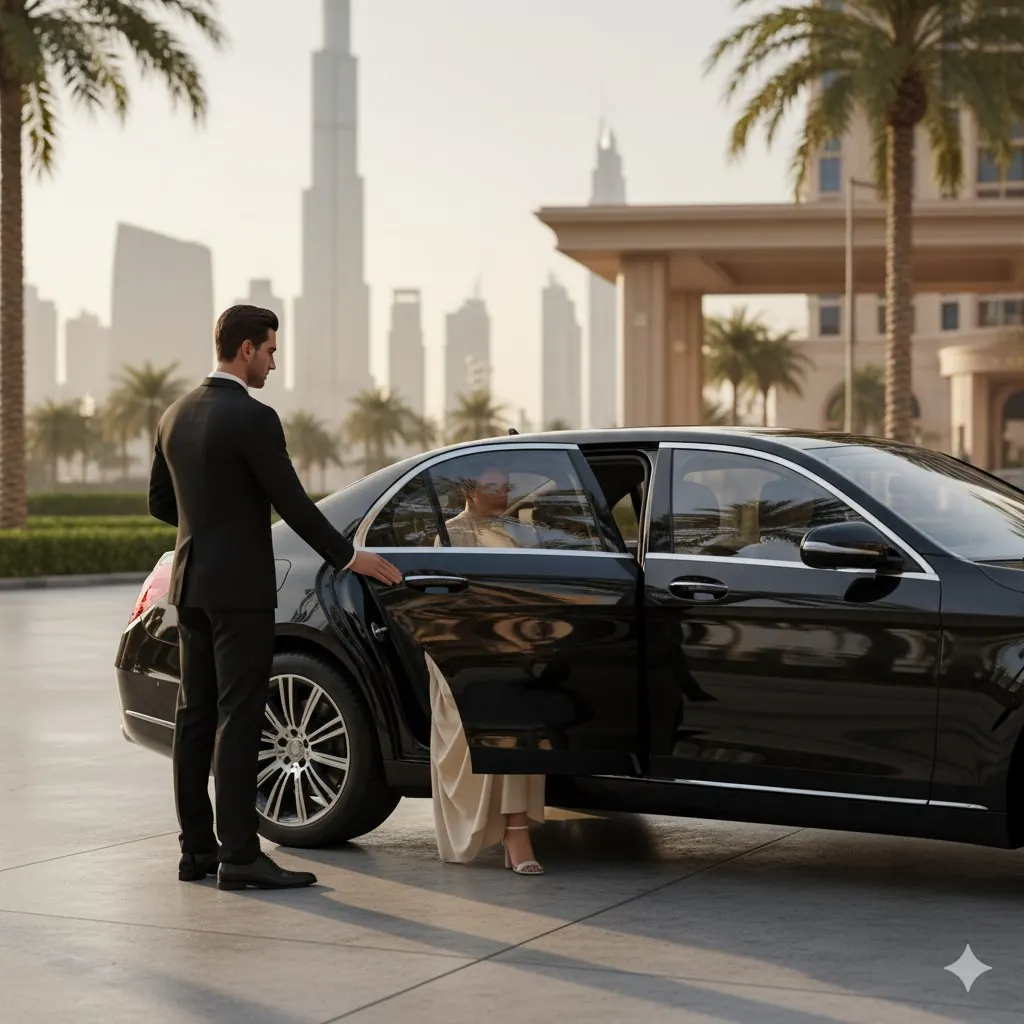 Chauffeur opening a sedan door with Burj Khalifa in the background
