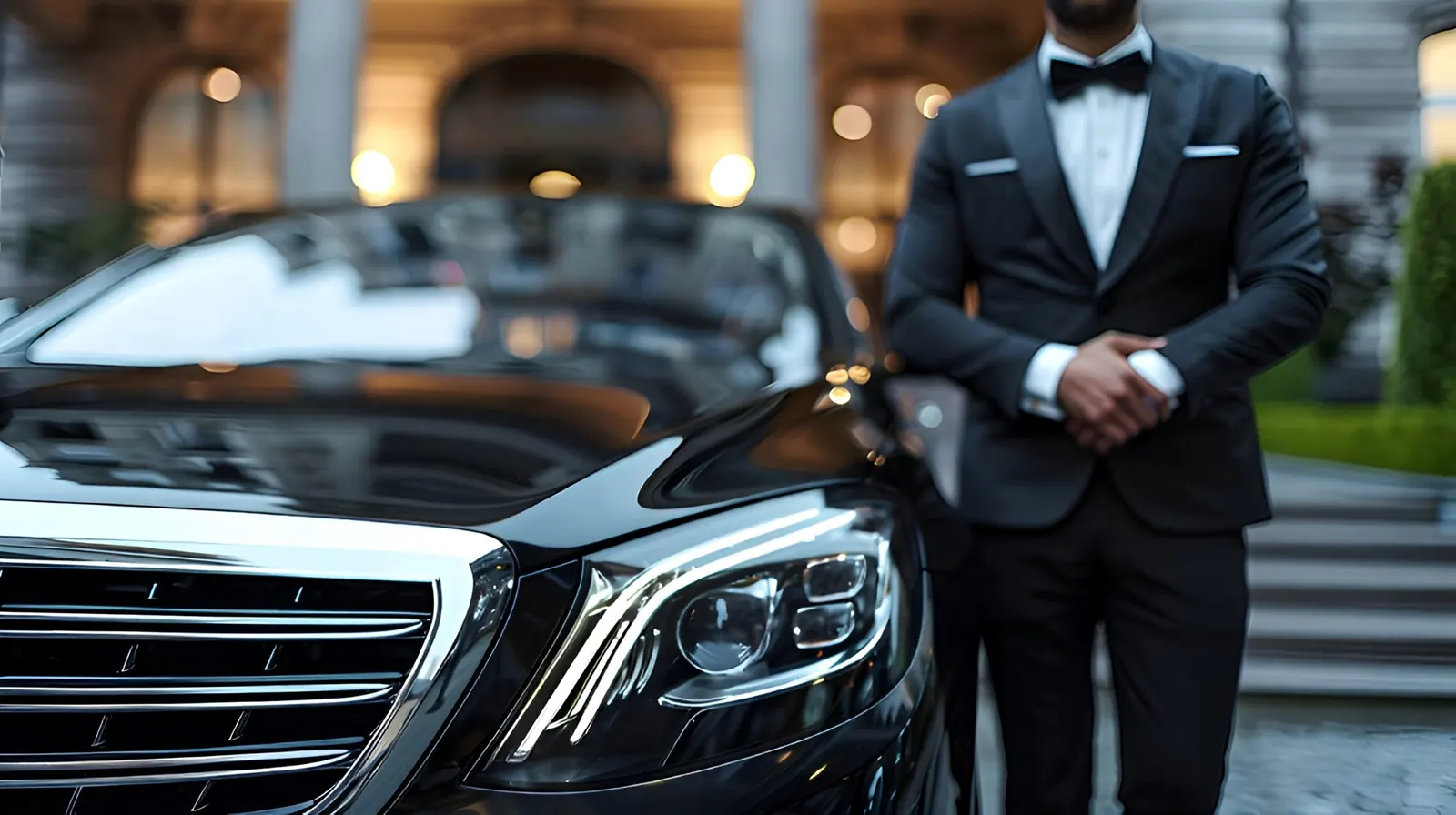 Chauffeur standing by a Mercedes at a hotel entrance