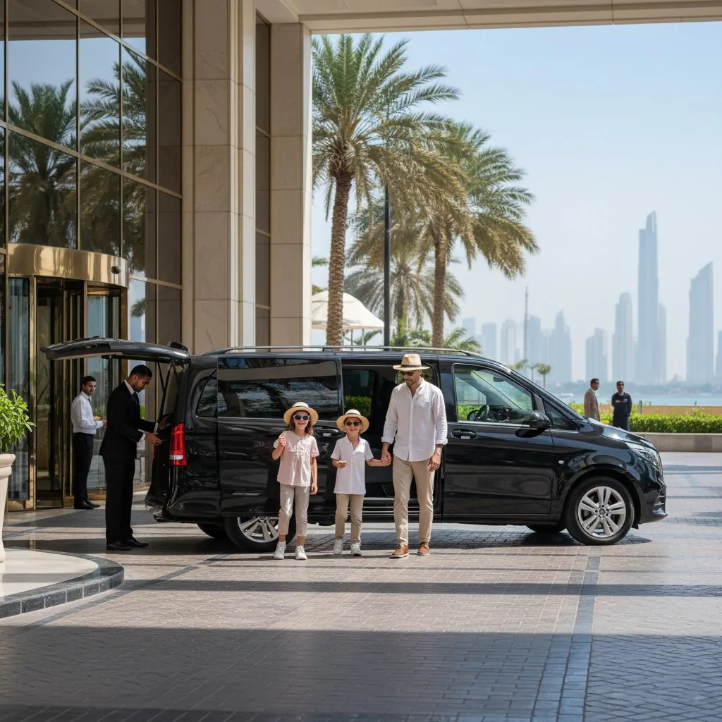 Family boarding a luxury van at a Dubai hotel