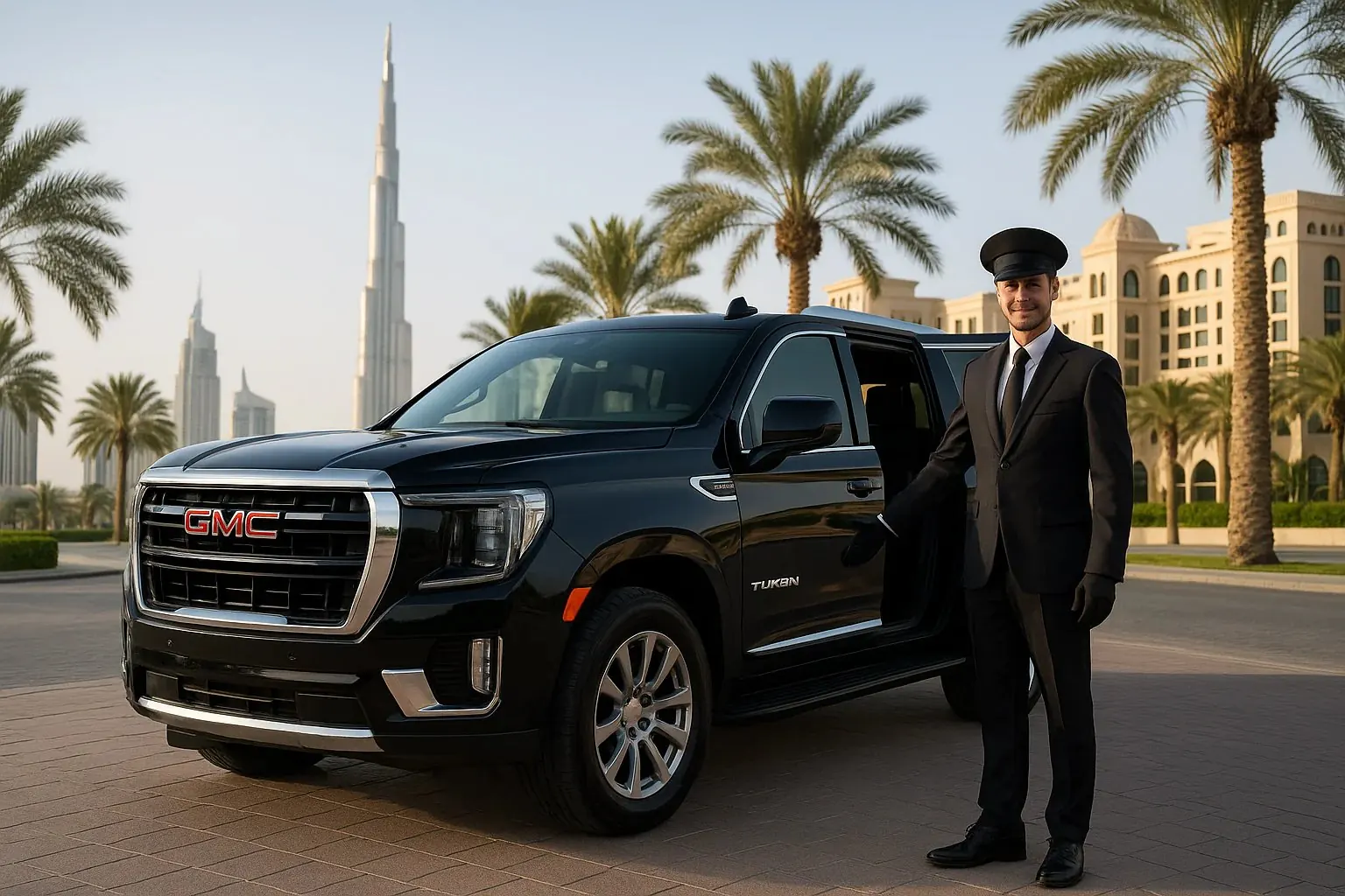 GMC Yukon Denali with uniformed chauffeur in Downtown Dubai