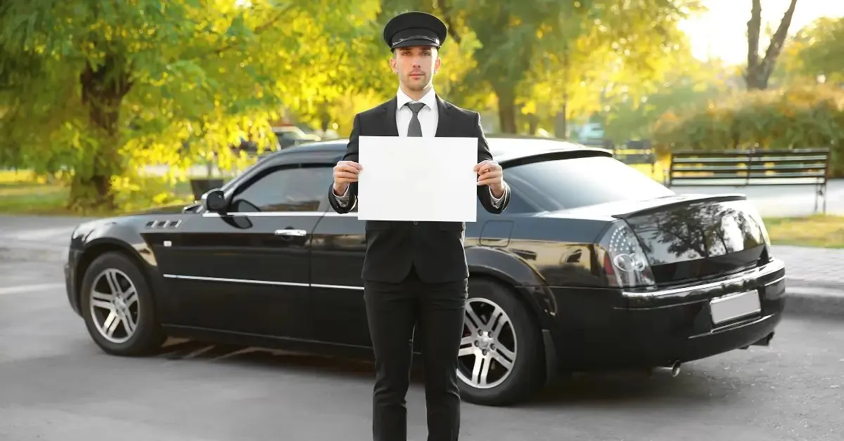 Chauffeur holding a name board for a meet and greet pickup
