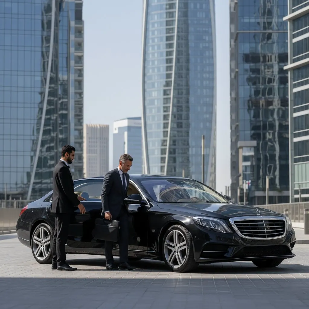 Mercedes S-Class with chauffeur among Business Bay towers