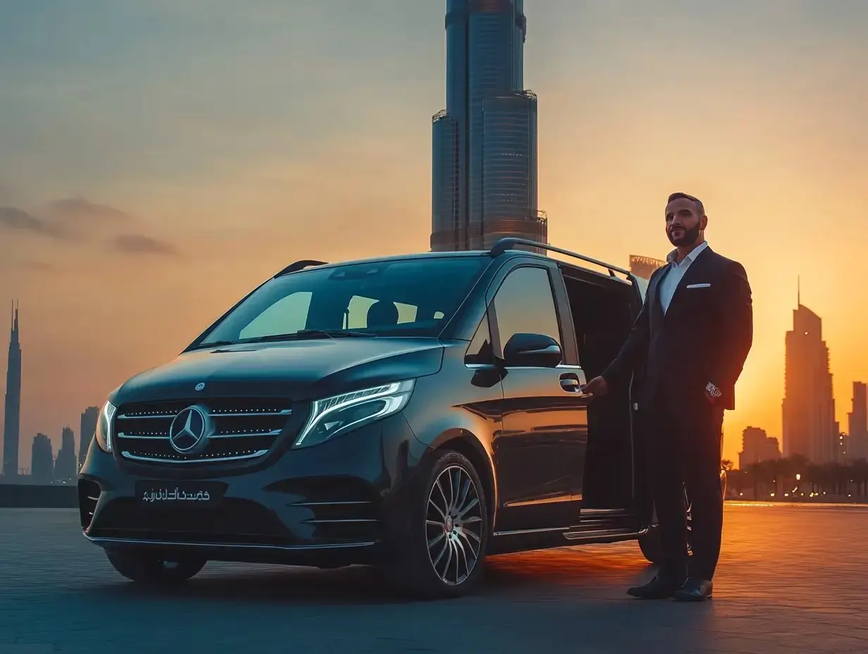 Mercedes V-Class van with chauffeur near Burj Khalifa at sunset