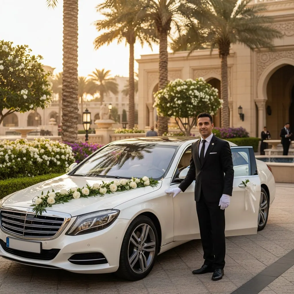 White Mercedes wedding car with flowers and chauffeur at a Dubai palace